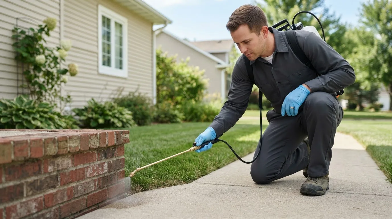 Pest control technician treating a home near Galena, KS